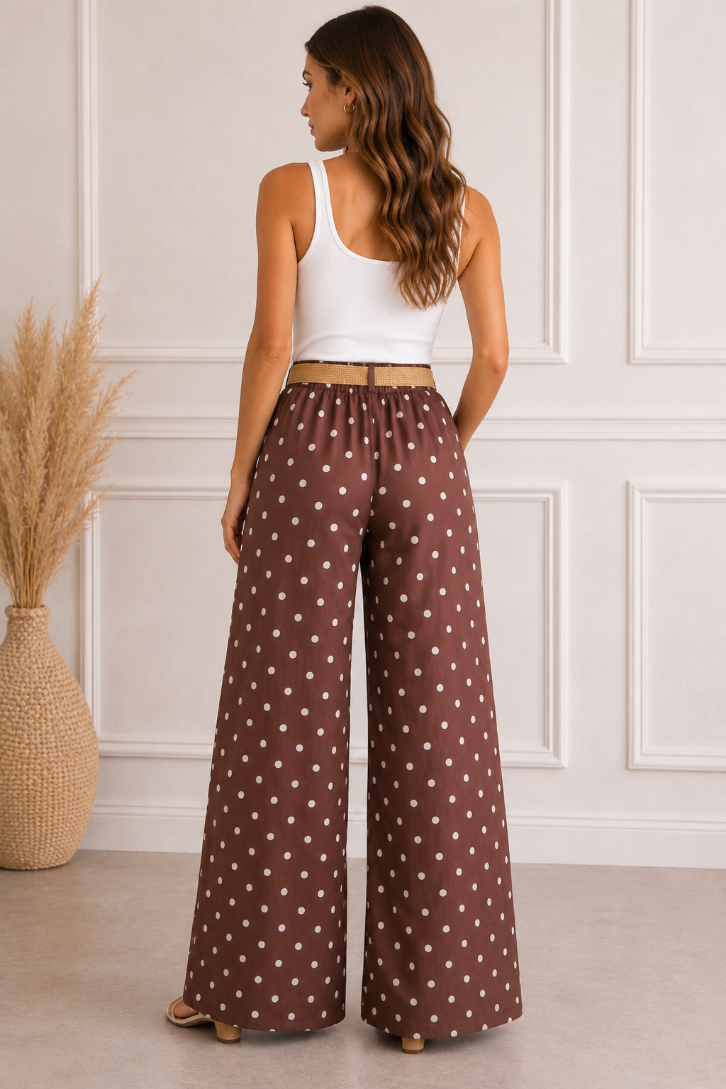 Pantalón palazzo marrón de lunares blancos