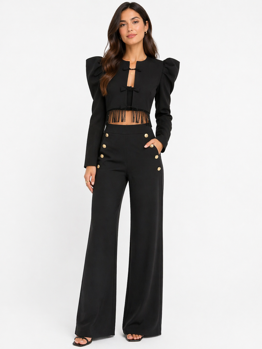 Pantalón Palazzo Negro con Botones Dorados