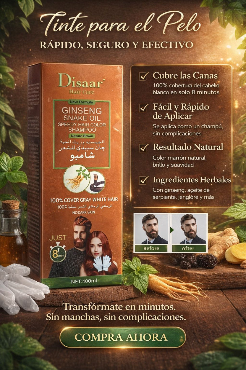 Champú Tinte Negro o Castaño Natural Instantáneo 8 Minutos – Cobertura Total de Canas con Colágeno & Argán