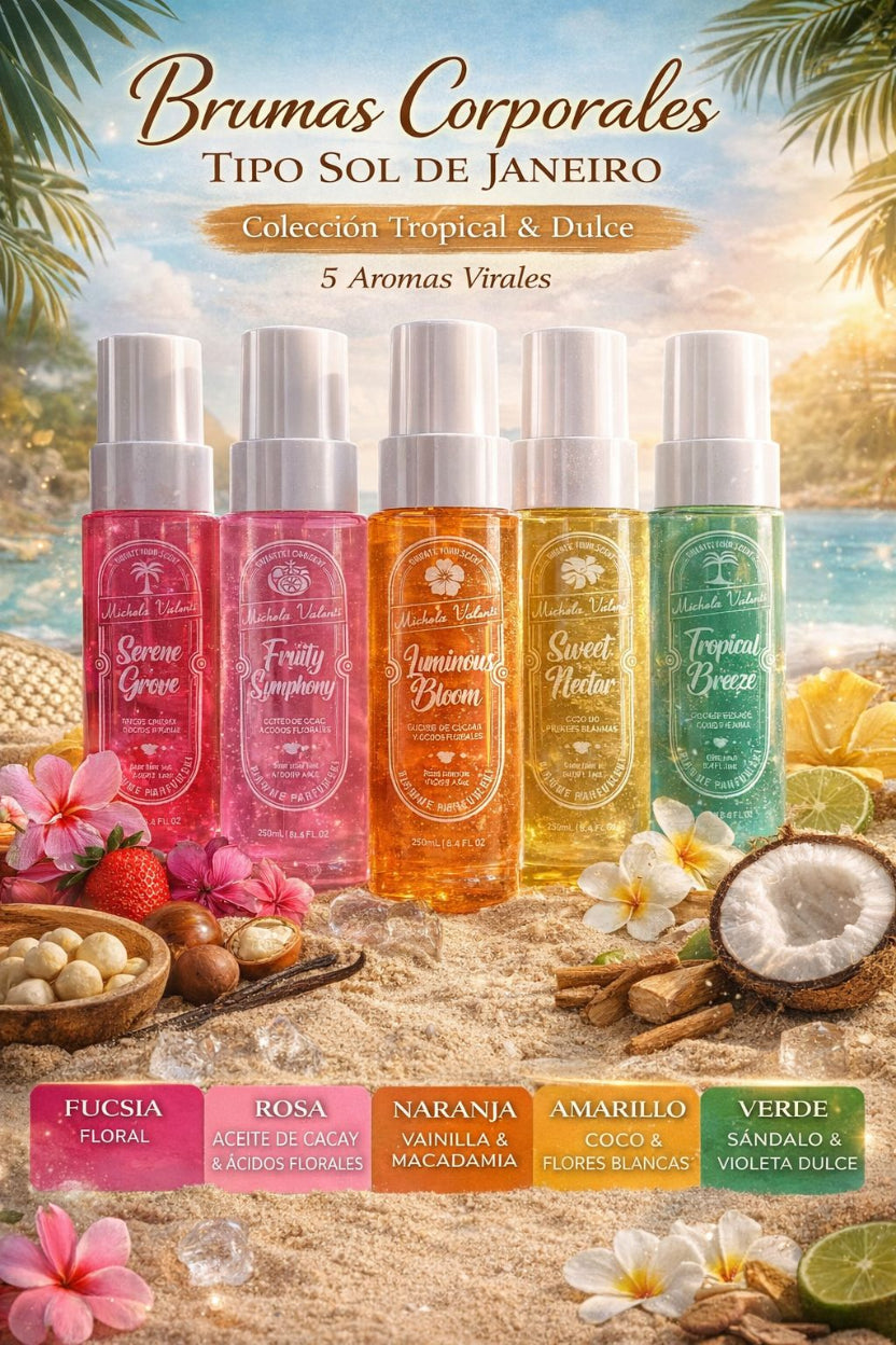 Brumas Corporales Tipo Sol de Janeiro – Colección Tropical & Dulce (5 Aromas Virales)