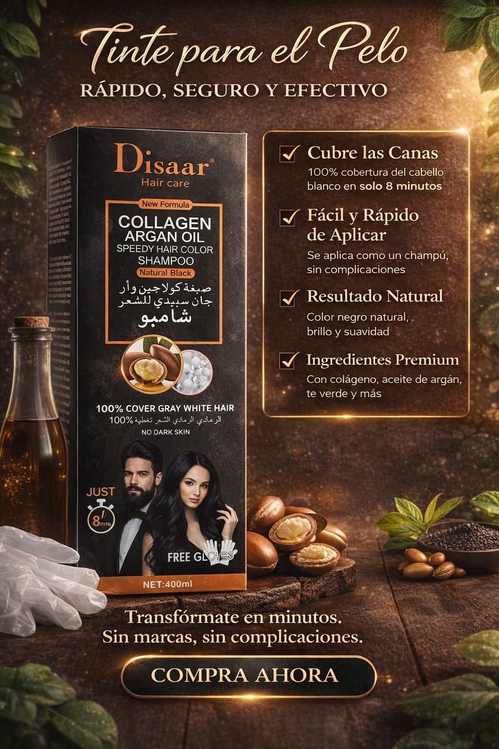 Champú Tinte Negro o Castaño Natural Instantáneo 8 Minutos – Cobertura Total de Canas con Colágeno & Argán