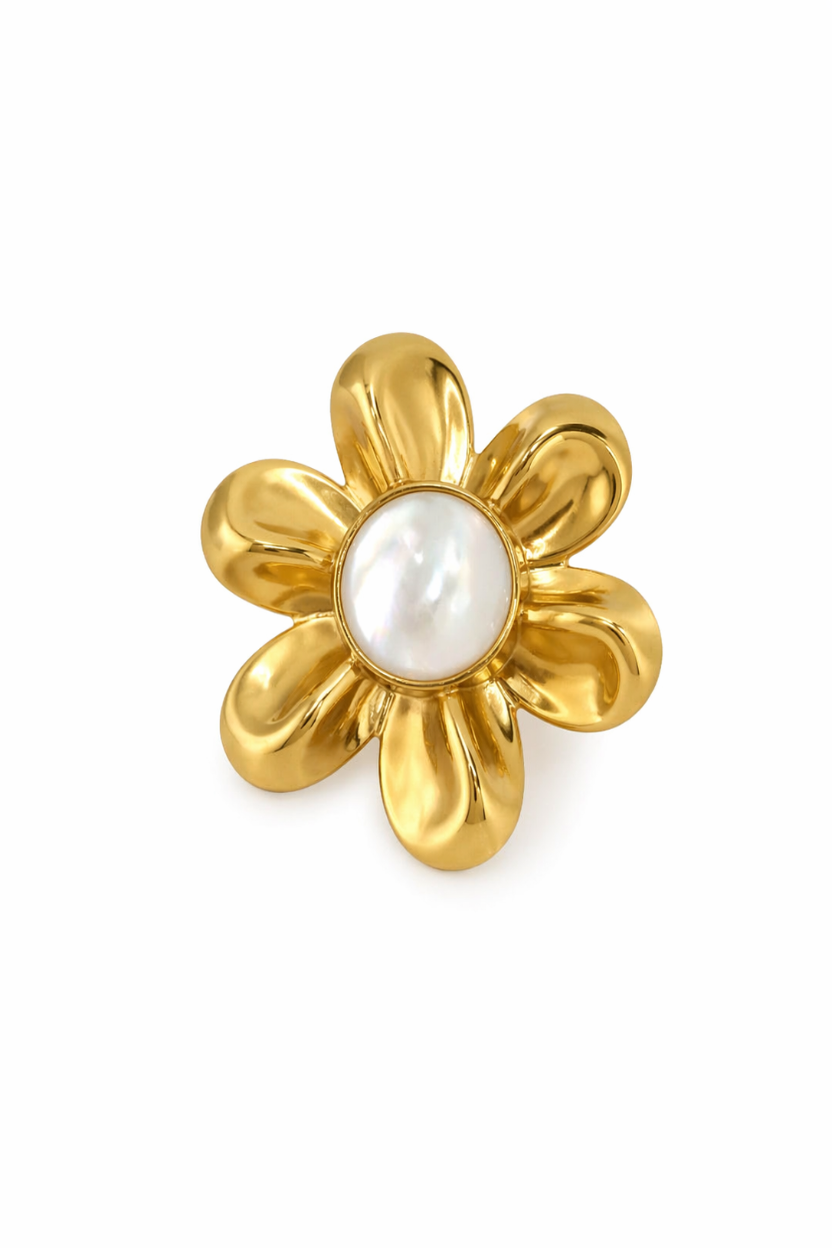 Anillo Flor Dorada con Perla Central