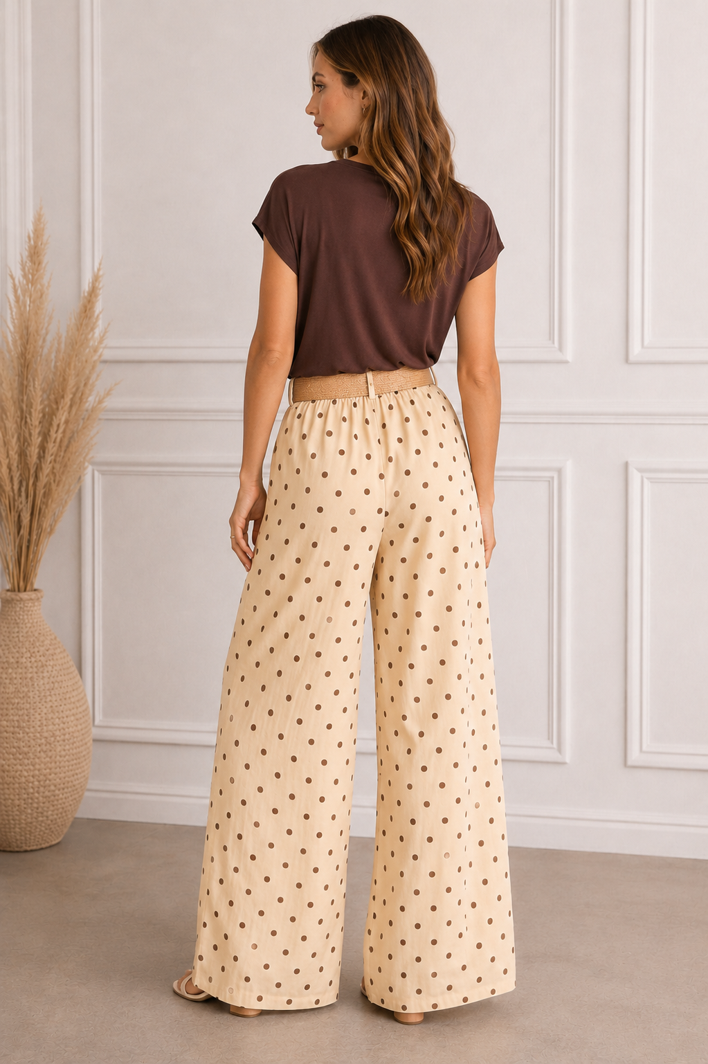 Pantalón palazzo amarillo con lunares marrones