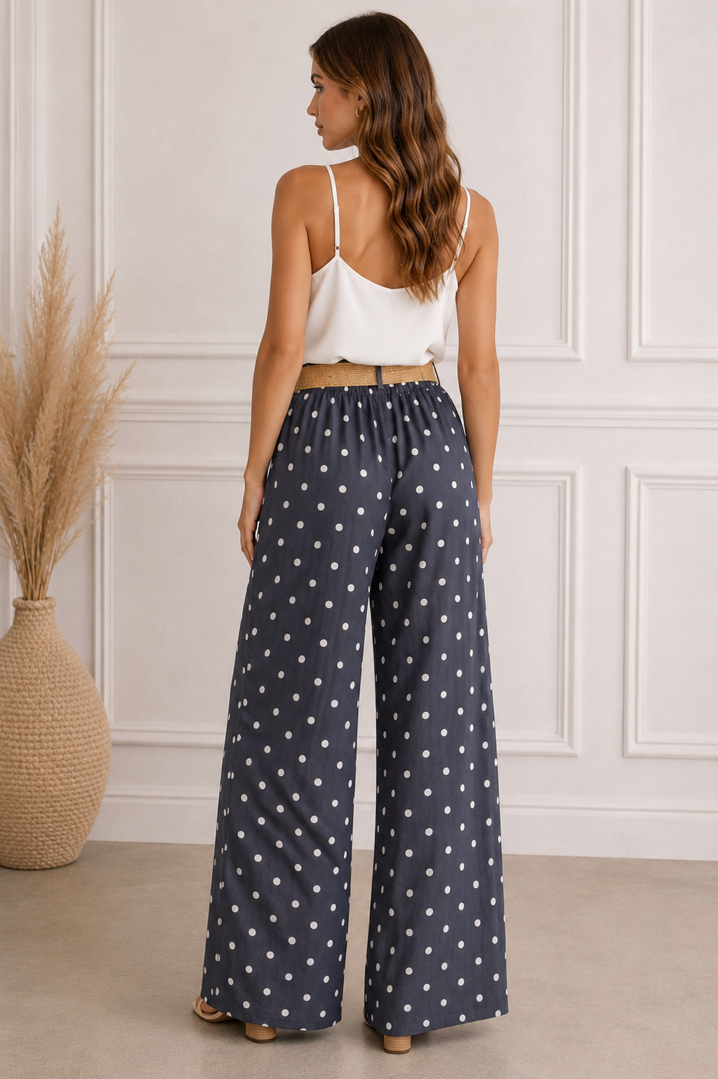 Pantalón palazzo azul marino con lunares blancos