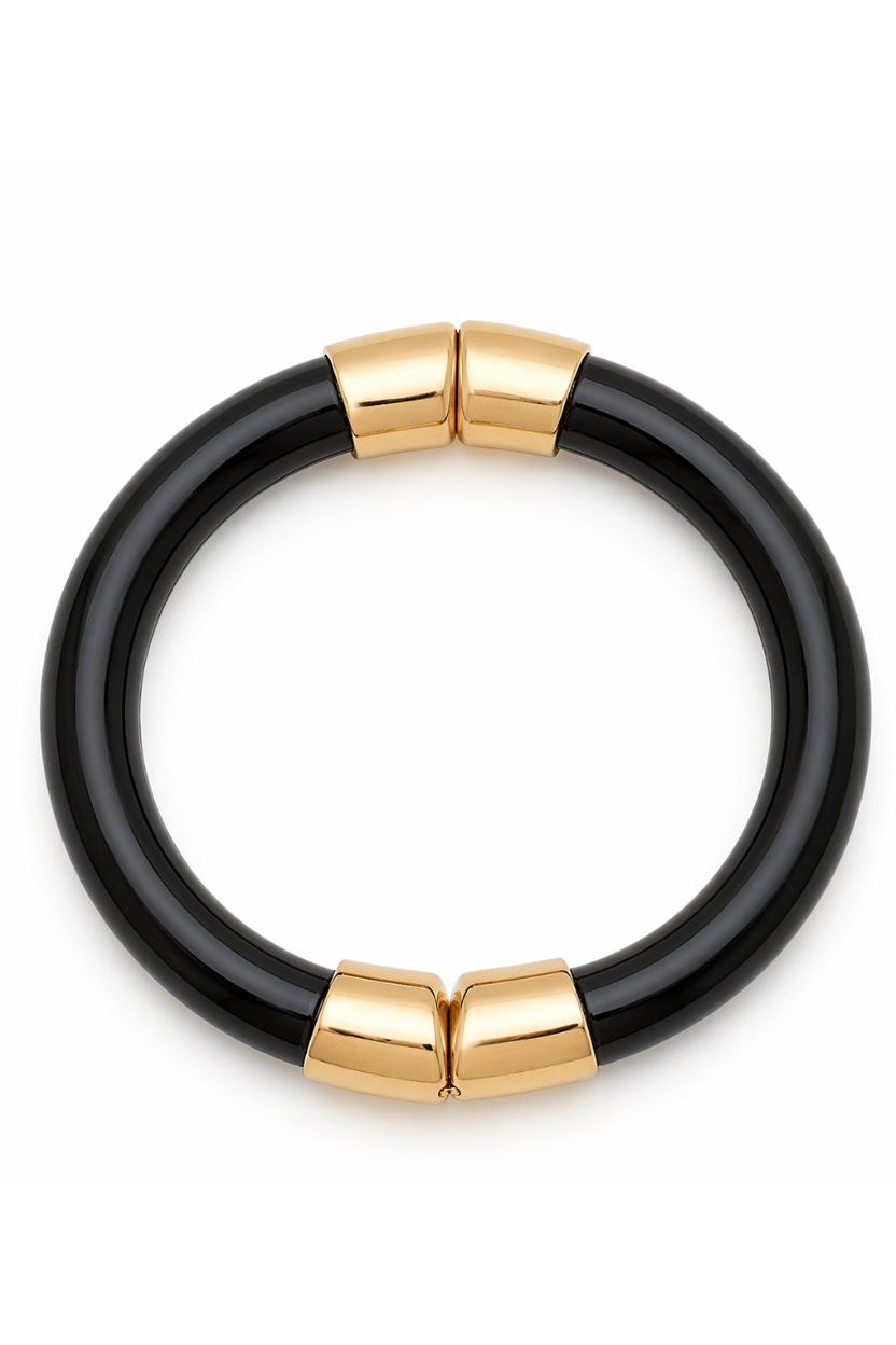 Pulsera Rígida Negra con Detalles Dorados