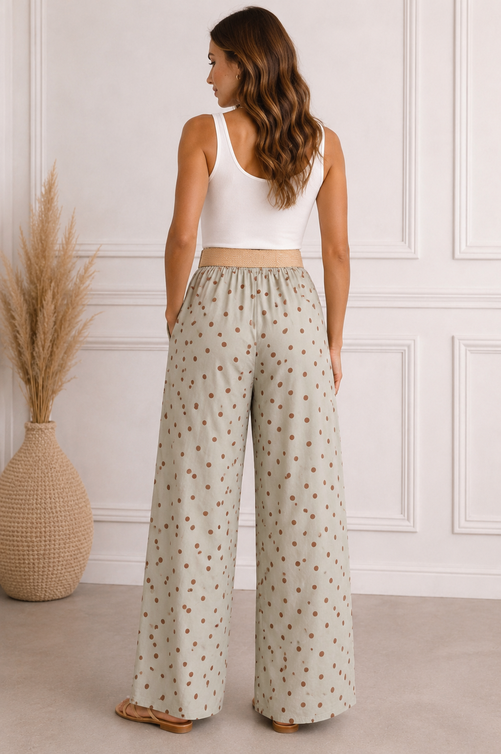 Pantalón palazzo de lunares verde y marrón