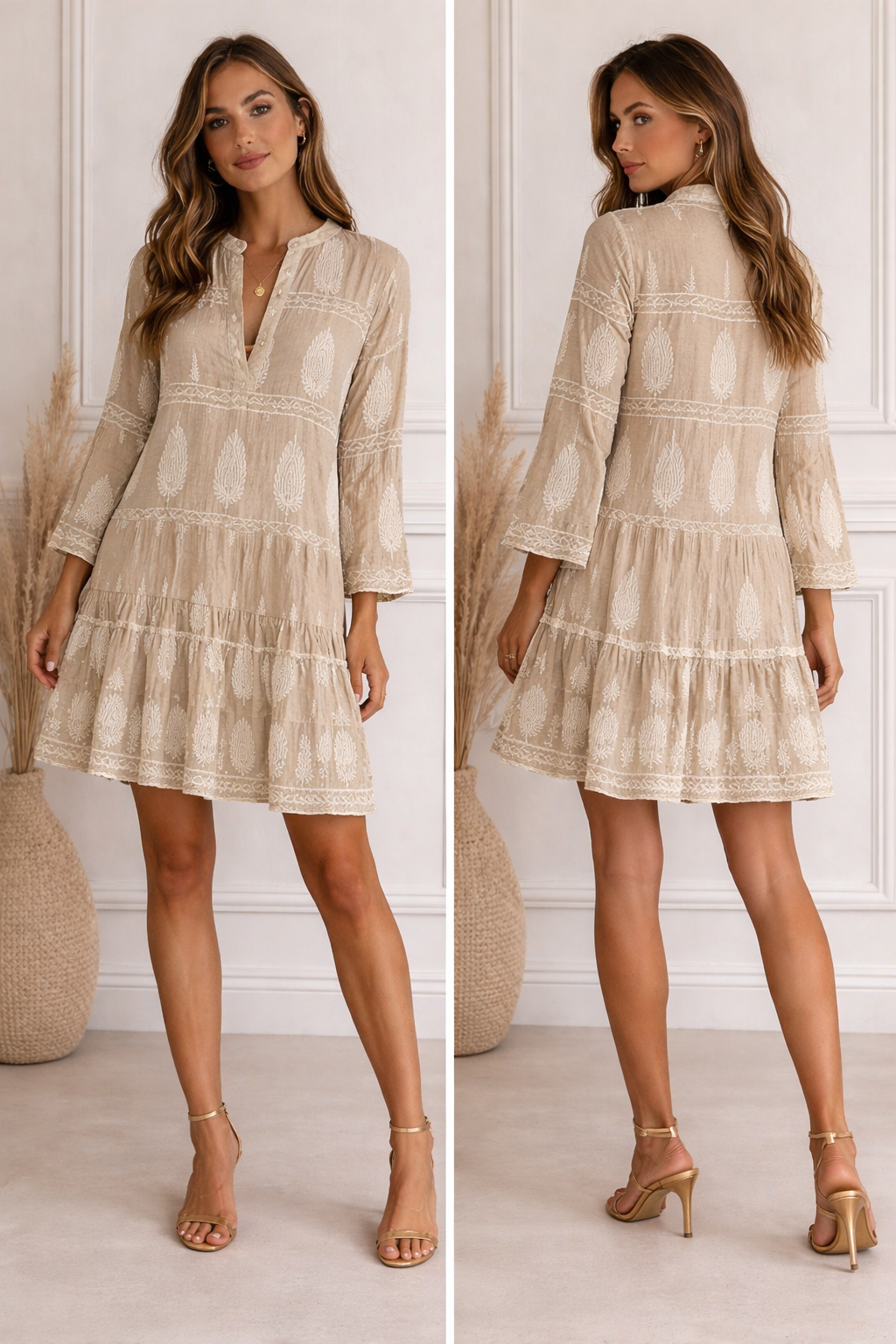 Vestido Beige Bordado Estilo Boho
